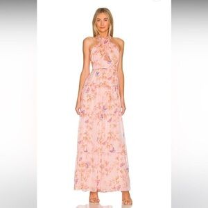 Amanda Uprichard Estella Maxi Dress Pink Tie Back Butterfly Ruffled Gown Size L